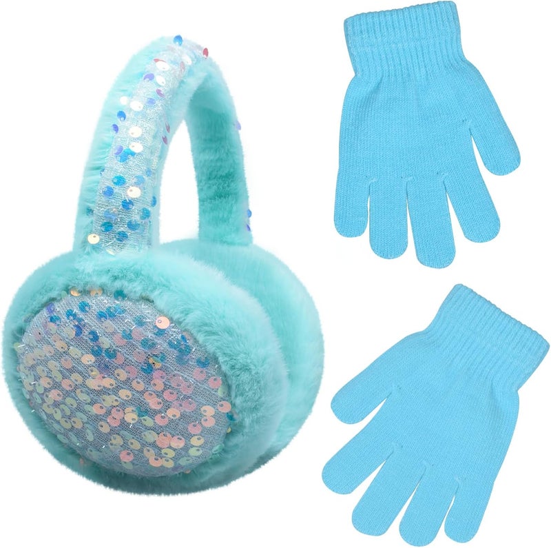 GSFY Ear Muffs Gloves Set for Kids Girls Adjustable Winter Sequin Faux Fur Windproof Warm Ear Warmer Outdoor - Image 1